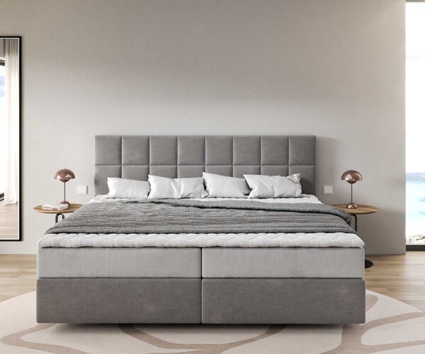 DELIFE Boxspring posteľ Dream-Fine mikrovlákno sivá 200x200 cm s vreckovou pružinovou matracou a topperom Visco