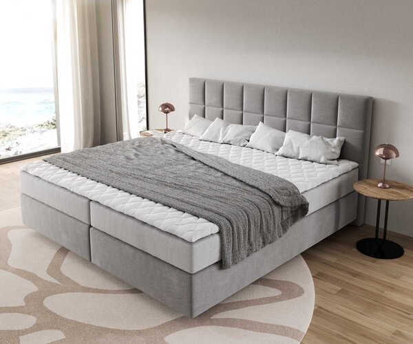 DELIFE Boxspring posteľ Dream-Fine mikrovlákno sivá 200x200 cm s vreckovou pružinovou matracou a topperom Visco