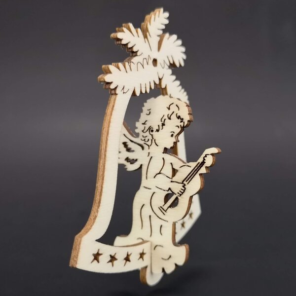 AMADEA Drevená ozdoba 3D zvonček - anjel s gitarou 9 cm
