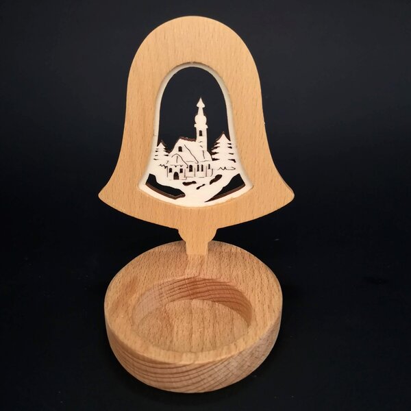 AMADEA Drevený svietnik zvonček s vkladom - kostol, masívne drevo, výška 10 cm