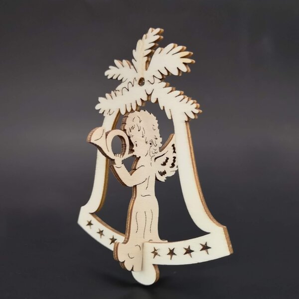AMADEA Drevená ozdoba 3D zvonček - anjel s lesným rohom 9 cm