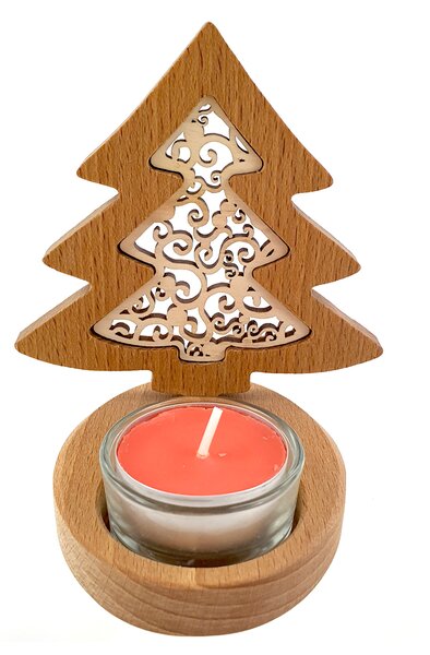 AMADEA Drevený svietnik stromček s vkladom - ornament, masívne drevo, výška 10 cm