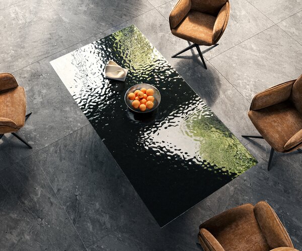 DELIFE Jedálenský stôl Edge 200x100 reliéfne sklo dymovo čierna 3D dizajn Spider plochá oceľ čierna