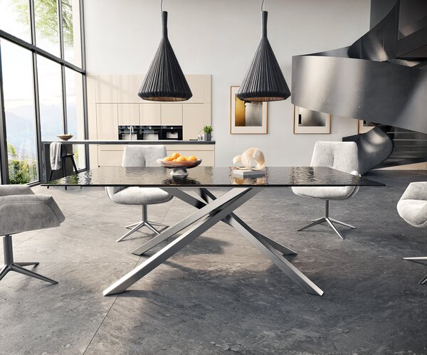 DELIFE Jedálenský stôl Edge 200x100 reliéfne sklo dymovo čierna 3D dizajn krížová podstava hranatý nerezová oceľ