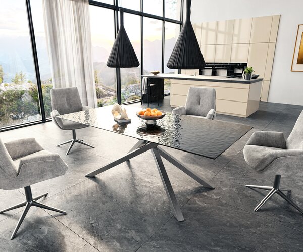 DELIFE Jedálenský stôl Edge 200x100 reliéfne sklo dymovo čierna 3D dizajn krížová podstava hranatý nerezová oceľ