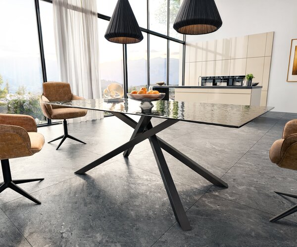 DELIFE Jedálenský stôl Edge 200x100 reliéfne sklo dymovo čierna 3D dizajn krížová podstava hranatý čierna