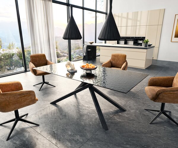 DELIFE Jedálenský stôl Edge 200x100 reliéfne sklo dymovo čierna 3D dizajn krížová podstava hranatý čierna