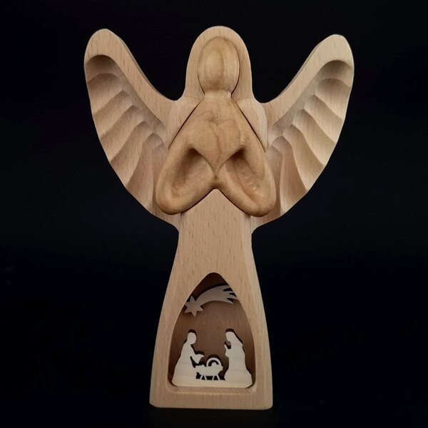 AMADEA Drevený anjel s vkladom - betlehem, masívne drevo, 20x13,5x3 cm