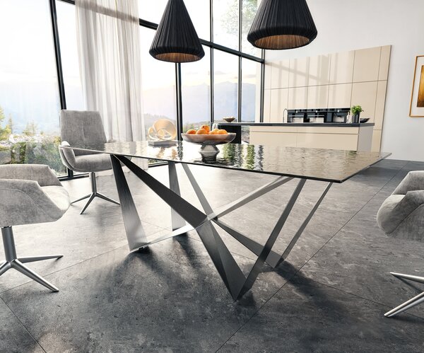 DELIFE Jedálenský stôl Edge 200x100 reliéfne sklo dymovo čierna 3D dizajn Spider plochá oceľ nerezová oceľ