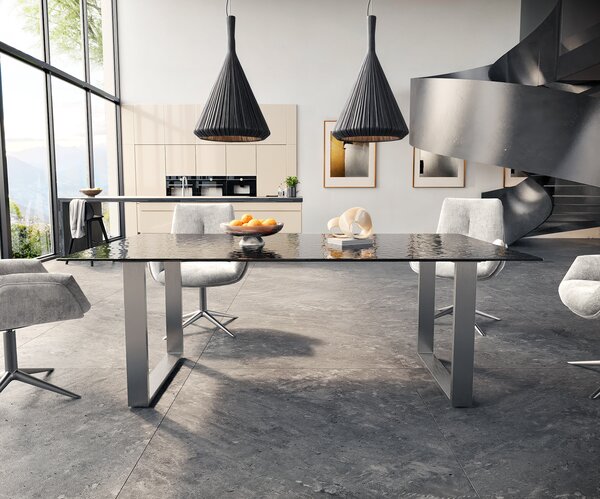 DELIFE Jedálenský stôl Edge 200x100 reliéfne sklo dymovo čierna 3D dizajn nerezová oceľ úzky