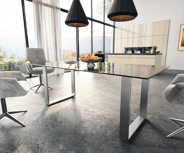 DELIFE Jedálenský stôl Edge 200x100 reliéfne sklo dymovo čierna 3D dizajn nerezová oceľ úzky