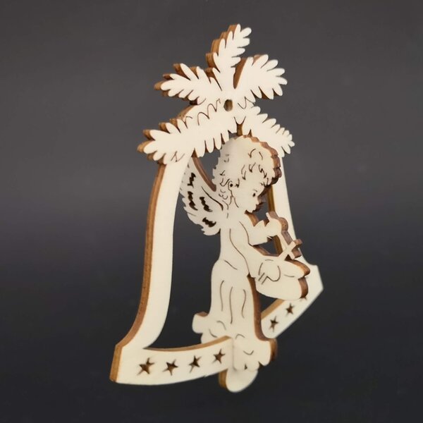 AMADEA Drevený 3D zvonček - anjel s bubienkom 9 cm