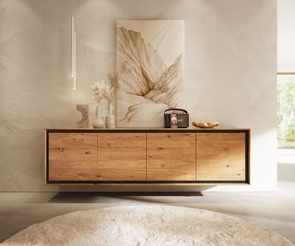 DELIFE Komoda Stonegrace 200 cm dub prírodná 4 dvierka kamenná dyha závesná