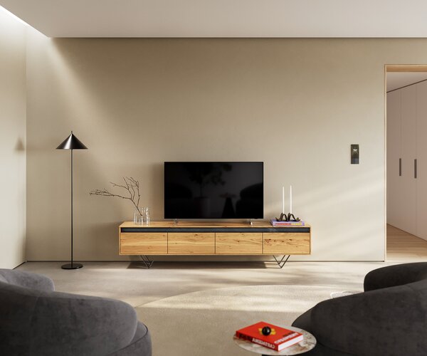 DELIFE Dizajnový TV stolík Stonegrace 200 cm dub prírodná bridlica 4 zásuvky podstava v tvare V kov čierna