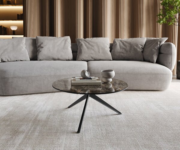 DELIFE Konferenčný stolík Delron 70x70 cm keramika Laminam® Emperador Extra Lucidato tmavohnedá kovová podstava krížová plochá čierna