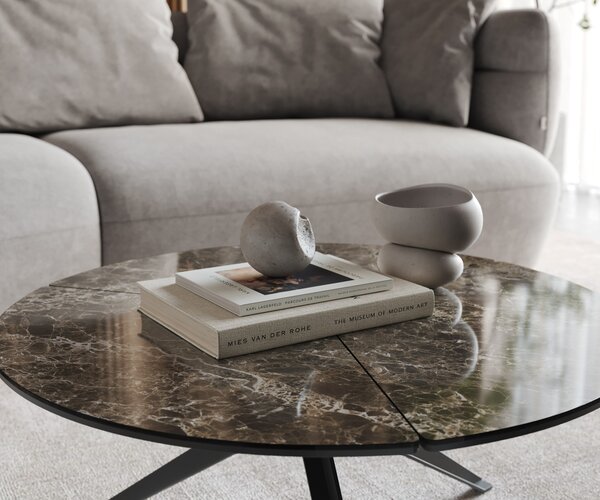 DELIFE Konferenčný stolík Delron 70x70 cm keramika Laminam® Emperador Extra Lucidato tmavohnedá kovová podstava krížová plochá čierna