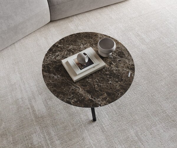 DELIFE Konferenčný stolík Delron 70x70 cm keramika Laminam® Emperador Extra Lucidato tmavohnedá kovová podstava krížová plochá čierna