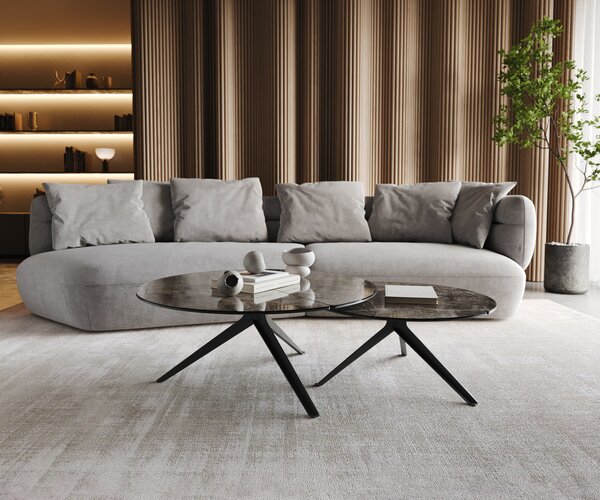 DELIFE Konferenčný stolík Delron 90x90 cm keramika Laminam® Emperador Extra Lucidato tmavohnedá kovová podstava krížová čierna