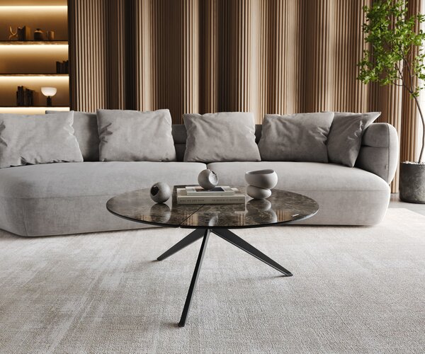 DELIFE Konferenčný stolík Delron 90x90 cm keramika Laminam® Emperador Extra Lucidato tmavohnedá kovová podstava krížová čierna
