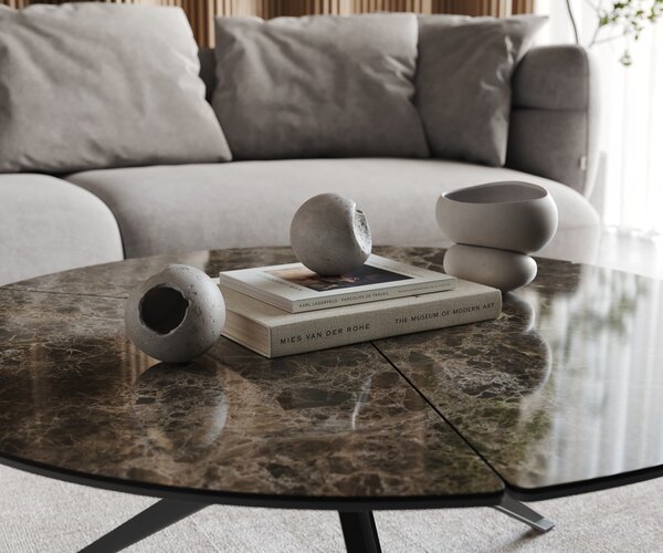 DELIFE Konferenčný stolík Delron 90x90 cm keramika Laminam® Emperador Extra Lucidato tmavohnedá kovová podstava krížová čierna