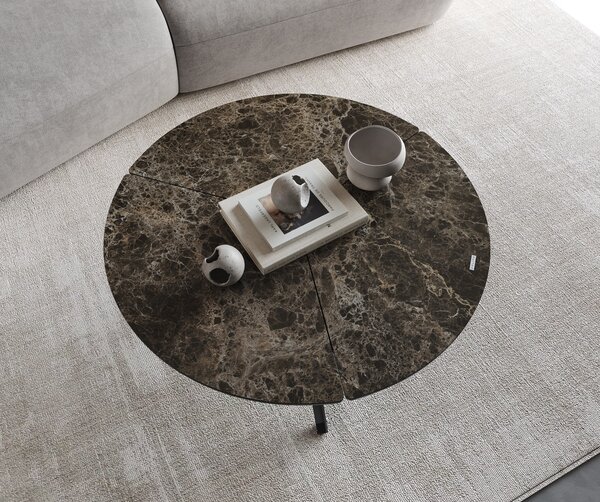 DELIFE Konferenčný stolík Delron 90x90 cm keramika Laminam® Emperador Extra Lucidato tmavohnedá kovová podstava krížová čierna