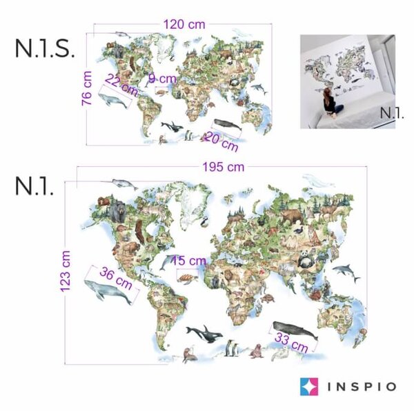 INSPIO-textilná prelepiteľná nálepka - Mapa sveta na stenu so 150 zvieratami – prelepiteľná samolepka