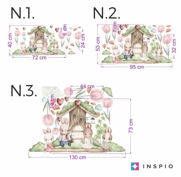 INSPIO-textilná prelepiteľná nálepka - Nálepka na stenu - Zajačiky a lesný domček