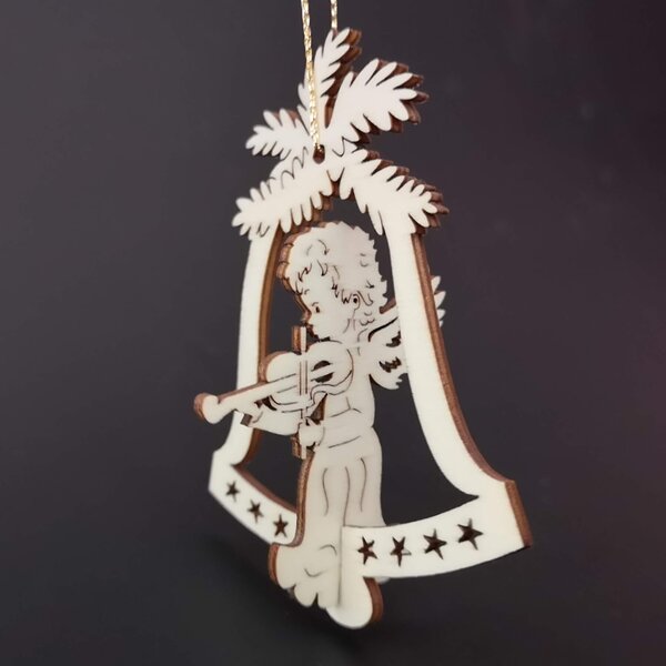 AMADEA Drevená ozdoba 3D zvonček - anjel s husľami 9 cm