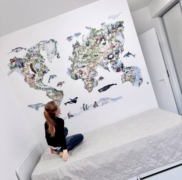 INSPIO-textilná prelepiteľná nálepka - Mapa sveta na stenu so 150 zvieratami – prelepiteľná samolepka