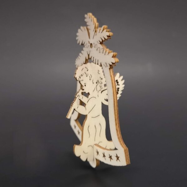 AMADEA Drevená ozdoba 3D zvonček - anjel s píšťalou 9 cm