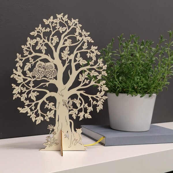AMADEA Drevený 3D strom so sovami, prírodná, výška 28 cm