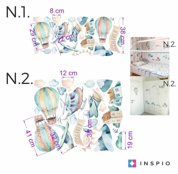 INSPIO-textilná prelepiteľná nálepka - Samolepiace tapety na stenu Lietadlá a balóny s menom