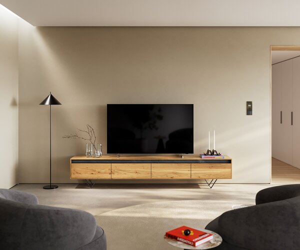 DELIFE TV stolík Stonegrace 240 cm dub prírodný 4 dvierka podstava v tvare V kov čierna