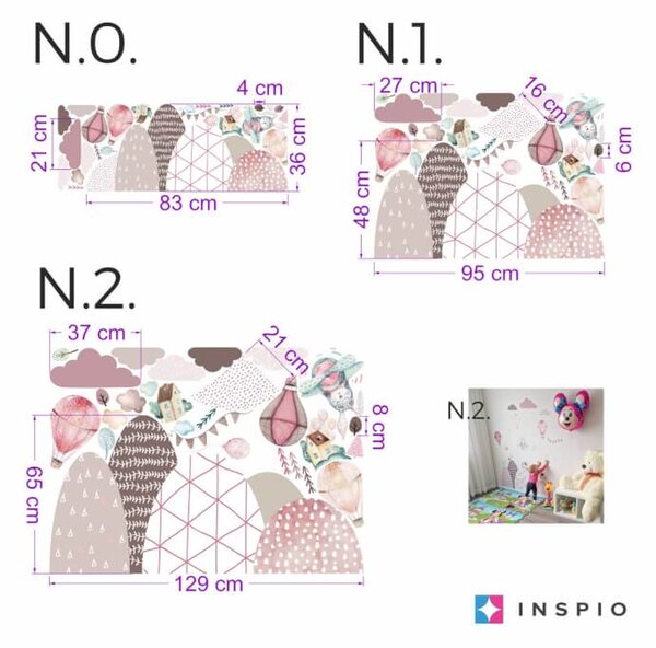 INSPIO-textilná prelepiteľná nálepka - Samolepky na stenu - Kopce a balóny v ružovom do detskej izby