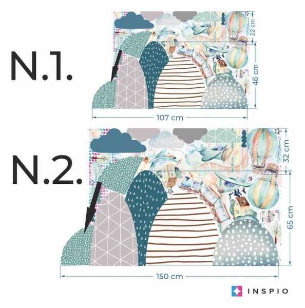 INSPIO-textilná prelepiteľná nálepka - Detské samolepky na stenu - Kopce, lietadlá, vláčik