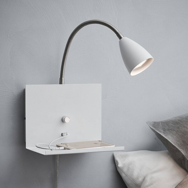 Markslöjd Nástenná lampa Logi s úložnou plochou, biela, Biela / opálová, Spálňa, kov, Moderný, Svetlo na čítanie