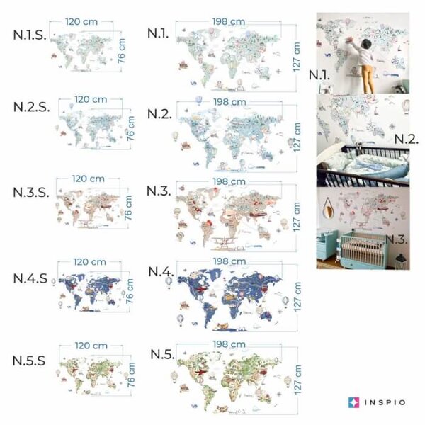 INSPIO-textilná prelepiteľná nálepka - Detská cestovateľská mapa sveta na stenu