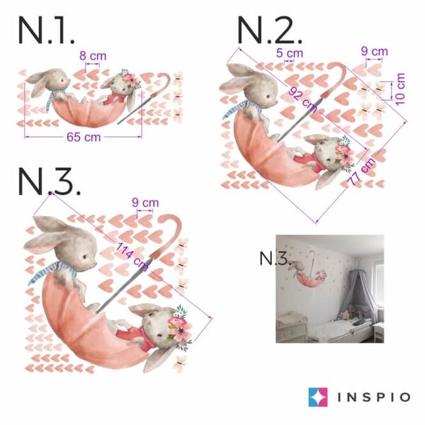 INSPIO-textilná prelepiteľná nálepka - Akvarelové nálepky na stenu - Zajačiky na dáždniku