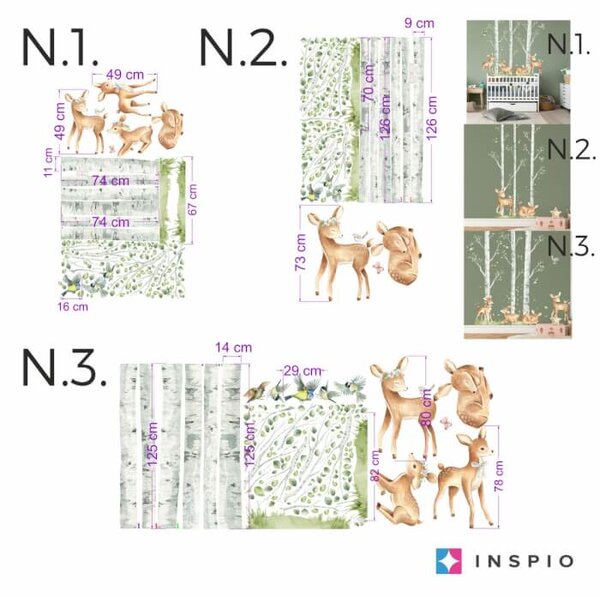 INSPIO-textilná prelepiteľná nálepka - Hravé srnky v brezovom lese - samolepky do detskej izby
