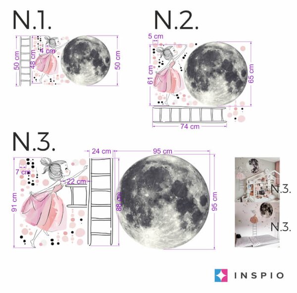 INSPIO-textilná prelepiteľná nálepka - Samolepka na stenu - Mesiac a dievča na rebríku s hviezdami, veľká nálepka