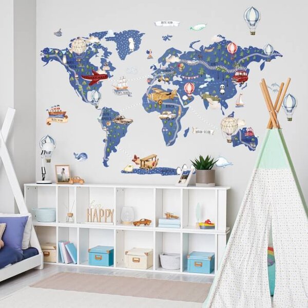 INSPIO-textilná prelepiteľná nálepka - Detská cestovateľská mapa sveta na stenu