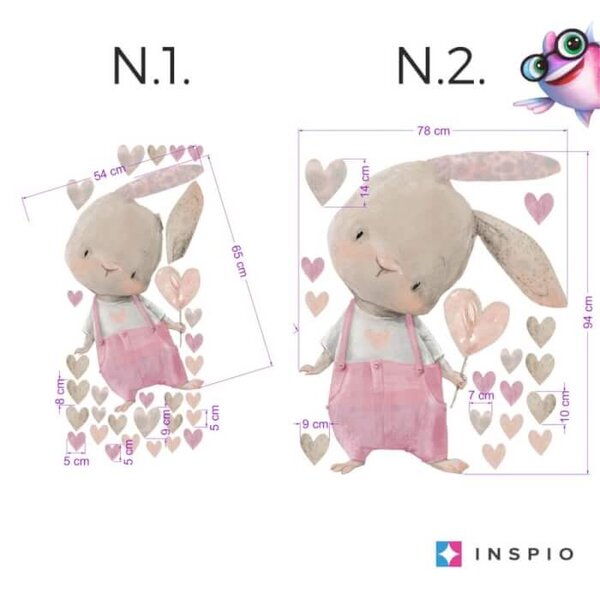 INSPIO-textilná prelepiteľná nálepka - Nálepky na stenu pre dievča - Ružový zajac so srdiečkom
