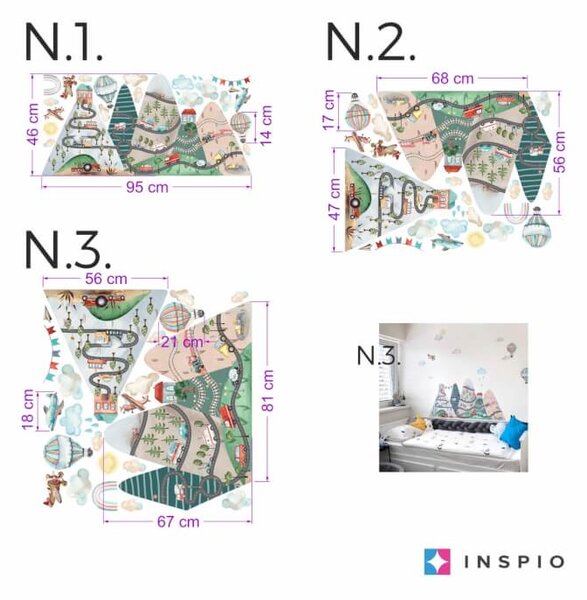 INSPIO-textilná prelepiteľná nálepka - Nálepky na stenu pre chlapcov - Kopce s autíčkami a balónmi