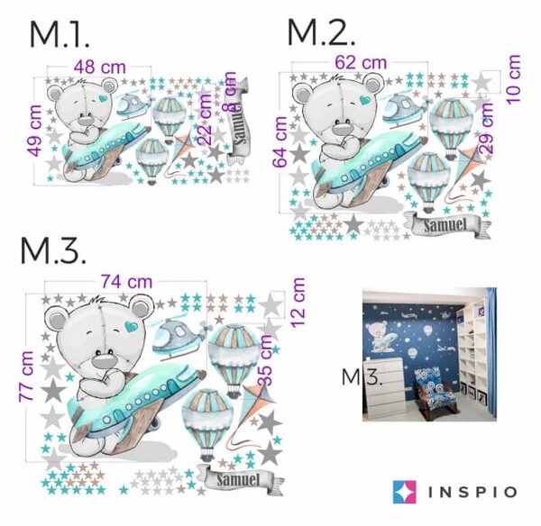 INSPIO-textilná prelepiteľná nálepka - Nálepky na stenu pre chlapcov - Medvedík s lietadlom a balónmi