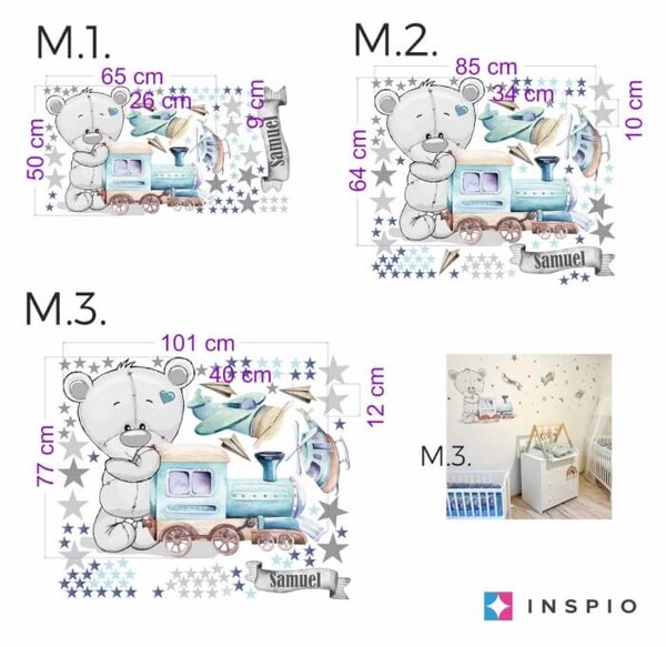 INSPIO-textilná prelepiteľná nálepka - Nálepka na stenu pre chlapcov - Medveď a vláčik