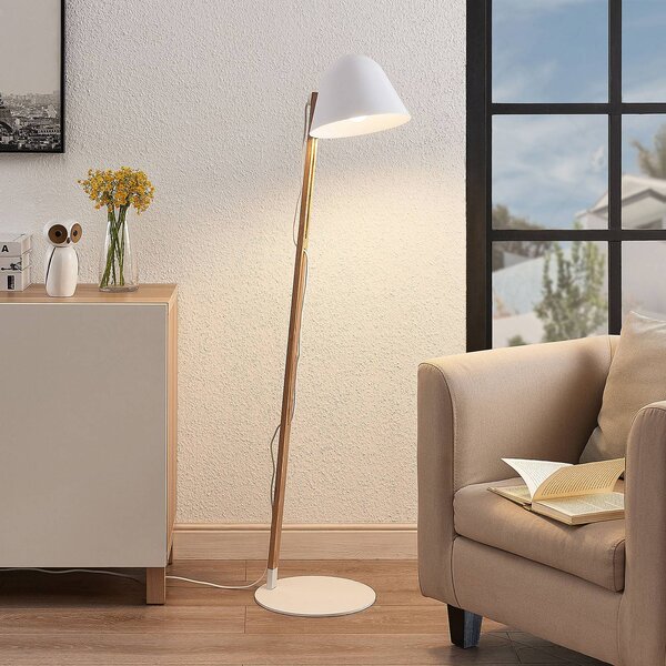 Lindby Tetja stojaca lampa s drevenou tyčou, biela, Svetlé drevo, Obývacia izba / jedáleň, kov, Škandinávsky, Stojaca lampa