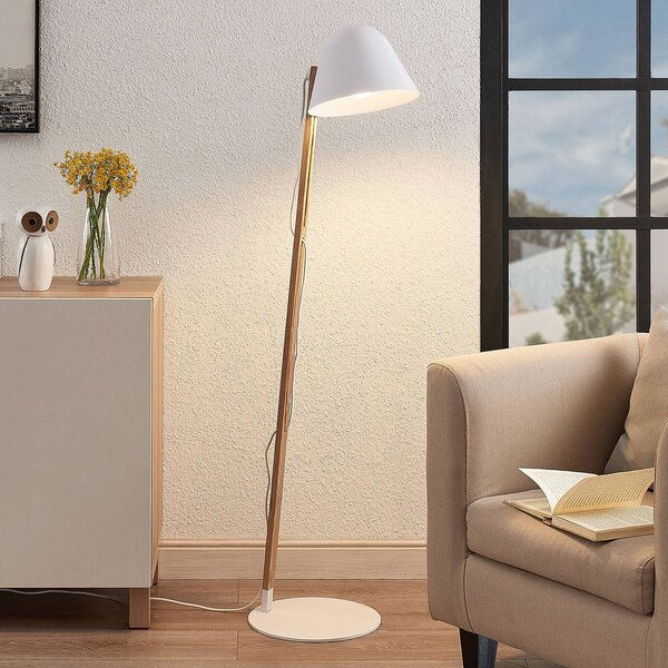 Lindby Tetja stojaca lampa s drevenou tyčou, biela, Svetlé drevo, Obývacia izba / jedáleň, kov, Škandinávsky, Stojaca lampa