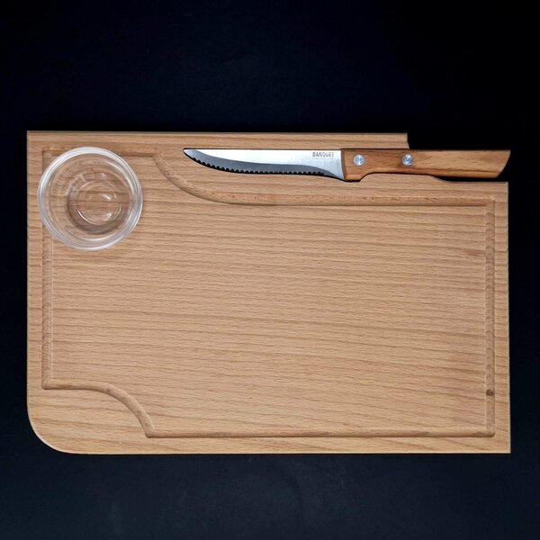 AMADEA Drevená doštička na steak s nožom a miskou, masívne drevo, 30x20x1, 5 cm