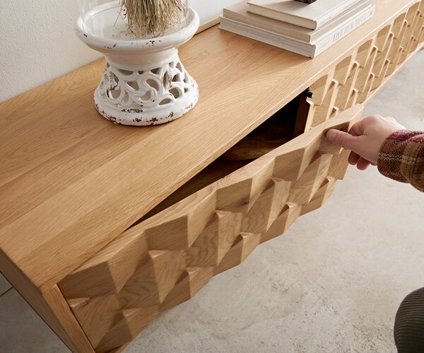 DELIFE TV stolík Fevo 220 cm dub prírodný 4 dvierka podstava v tvare L nerezová oceľ