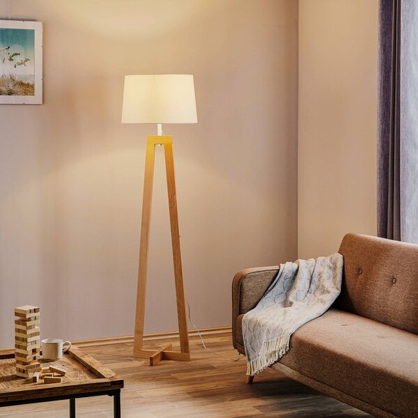 Stojaca lampa Sacha LS z dreva a textilu, biela, Svetlé drevo, Obývacia izba / jedáleň, Drevo, Škandinávsky, Stojaca lampa